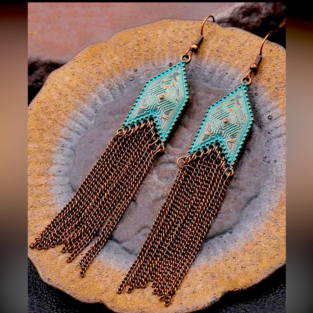 Vintage Patina Bronze Filagree Ornate Tassel Fringe Long Teal Copper Earrings